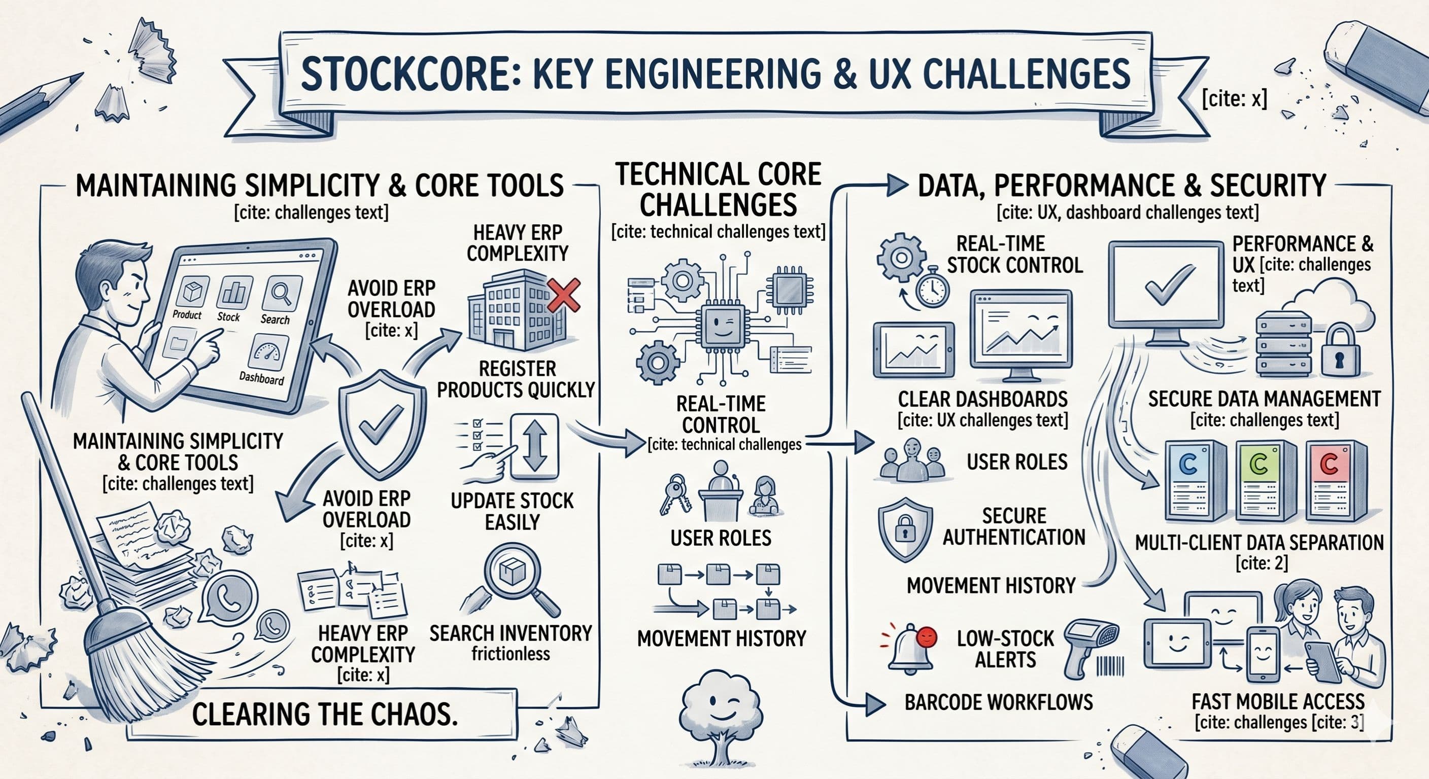 A sketch-style infographic outlining the engineering and UX challenges of Stockcore. The left side emphasizes maintaining simplicity and avoiding heavy ERP systems by focusing on quick product registration and easy stock updates. The center and right sections highlight technical requirements such as real-time stock control, secure authentication, multi-client data separation, low-stock alerts, and barcode workflows.