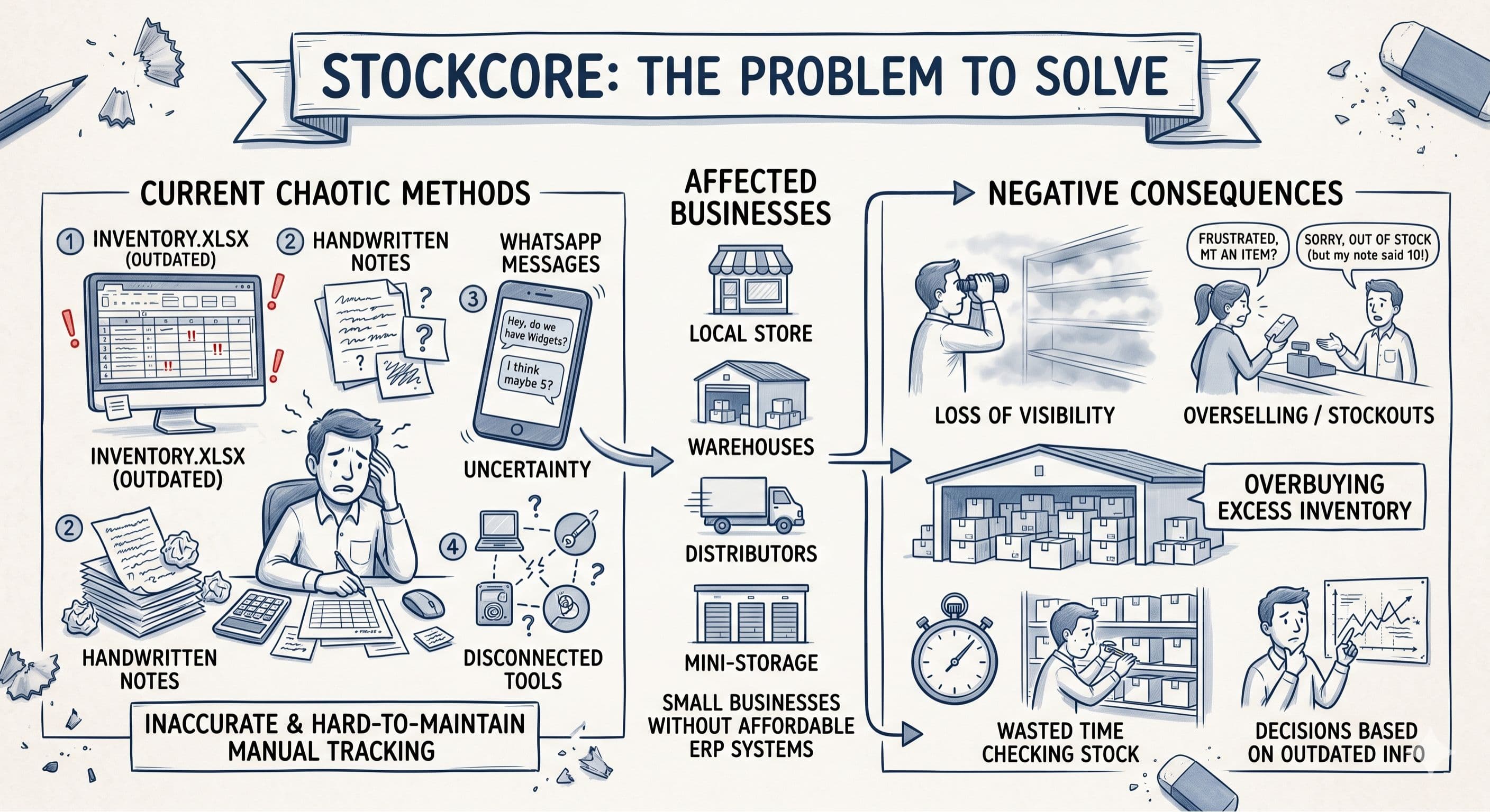 A sketch-style infographic illustrating the inventory management problem for small businesses. On the left, a frustrated business owner struggles with chaotic tracking methods like outdated Excel sheets, handwritten notes, and WhatsApp messages. The center lists affected businesses such as local stores and warehouses, while the right side highlights negative consequences like loss of visibility, overselling, overbuying, and wasting time checking stock manually.