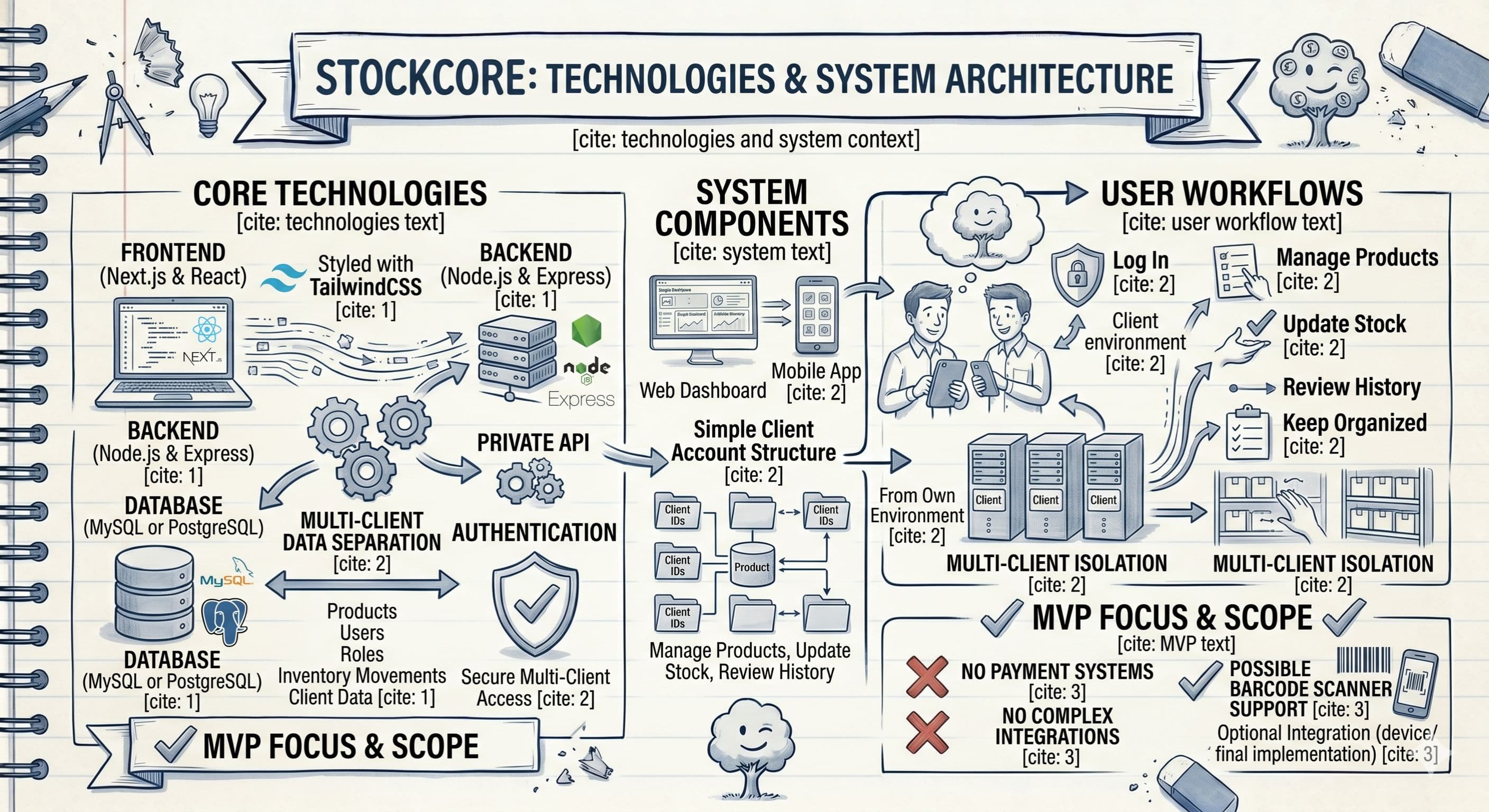 A sketch-style infographic showing the technology stack and system architecture for Stockcore. It details frontend technologies like Next.js, React, and TailwindCSS, alongside a Node.js backend and a MySQL or PostgreSQL database. It illustrates user workflows across web and mobile apps, secured by multi-client data separation, and highlights an MVP scope focused on core features with optional barcode scanner support, excluding complex payment integrations.
