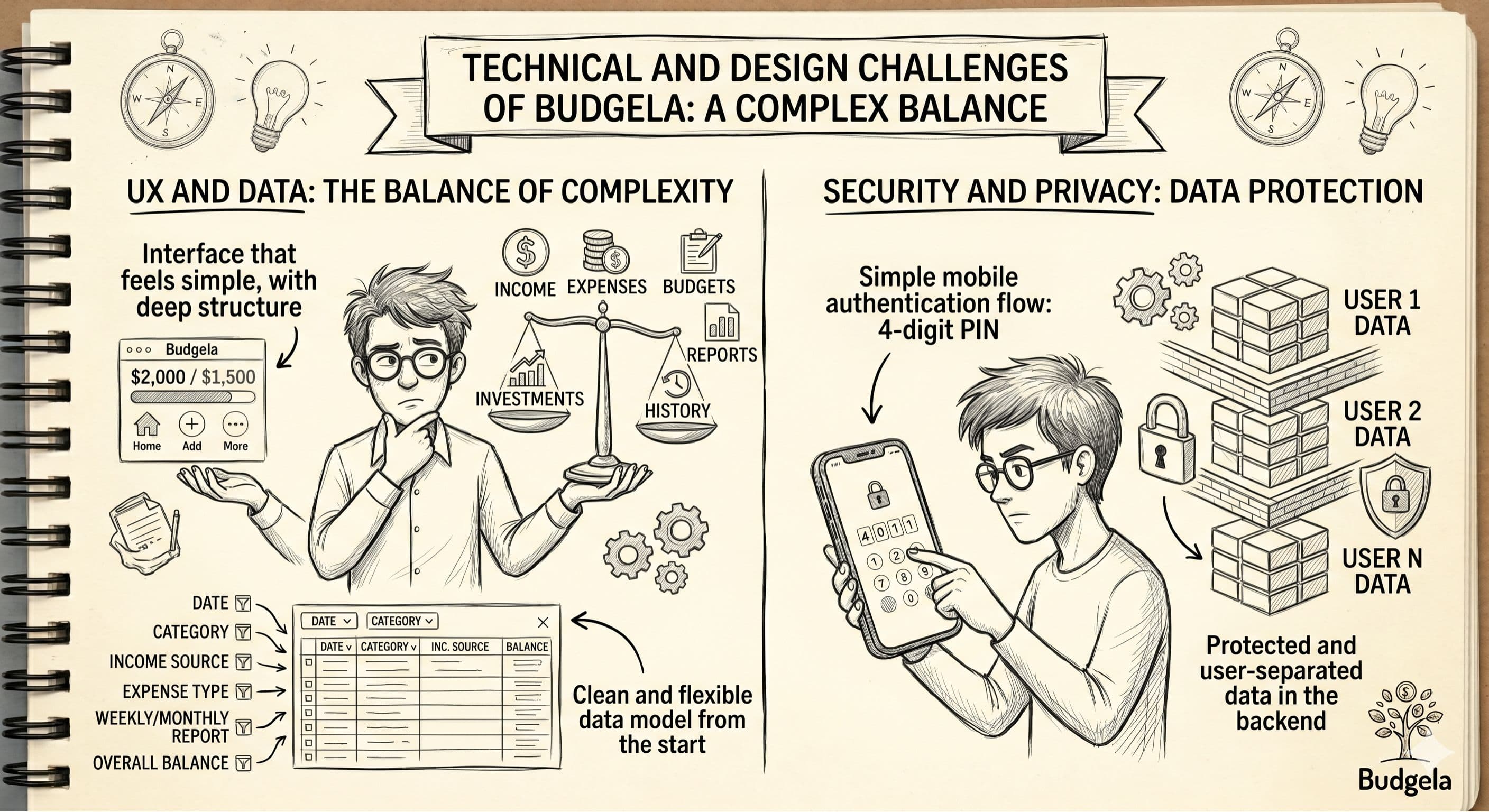 Conceptual sketch showing a puzzle where security pieces with a padlock, a clean financial chart, and a minimalist user interface fit together to represent the balance between design simplicity, calculation accuracy, and data protection.
