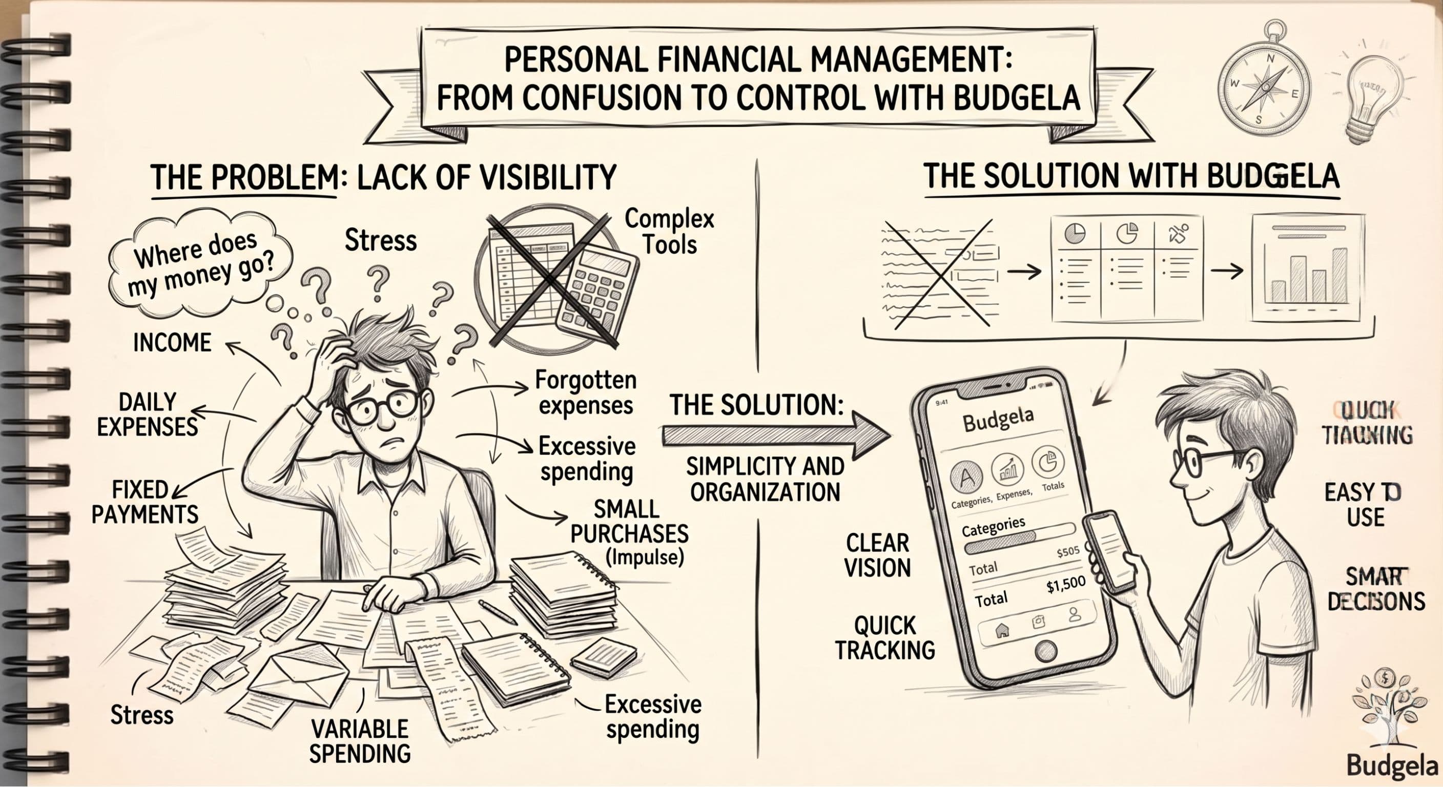 A side-by-side sketch illustration comparing a stressed person surrounded by messy paperwork and financial confusion on the left, with the same person calmly managing their money using the Budgela mobile app on the right.