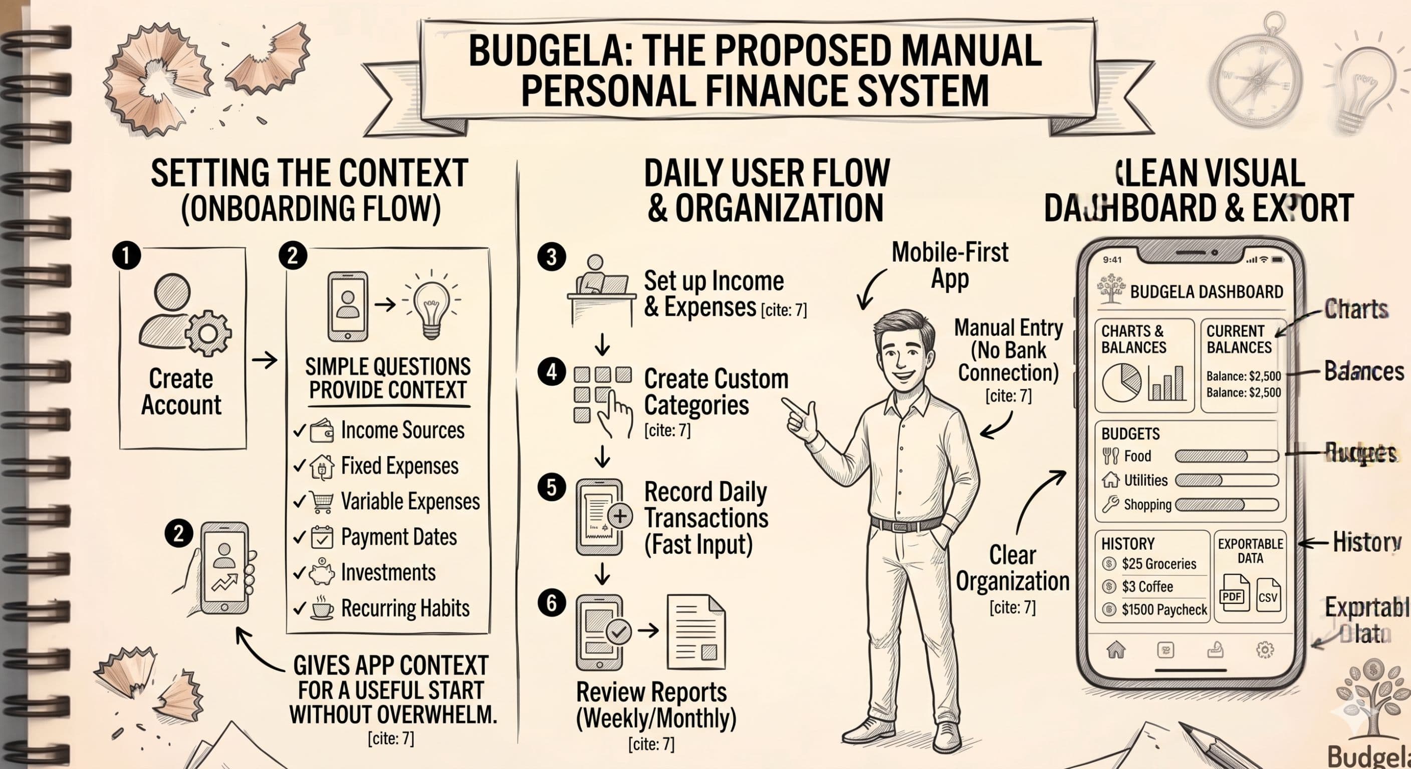 A sketch-style infographic outlining the proposed solution for Budgela. It features three main sections: an onboarding flow asking simple financial questions to build context, a step-by-step daily user flow for manual tracking without bank connections, and a clean mobile dashboard displaying charts, budgets, history, and exportable data.