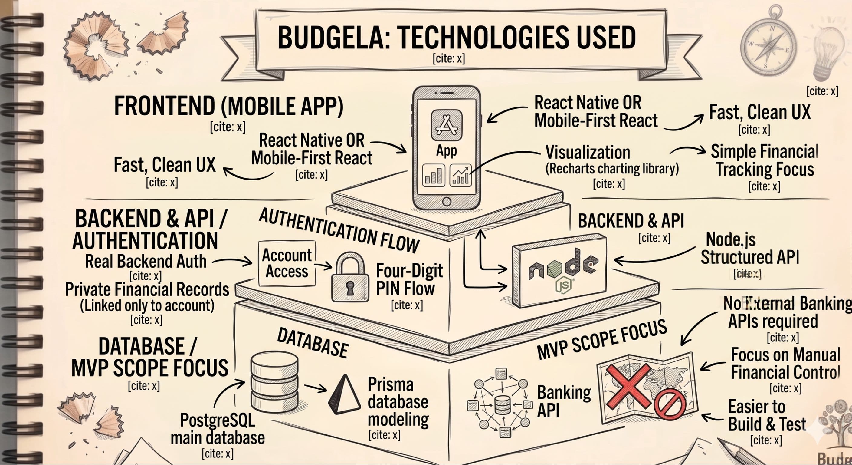 A sketch-style infographic illustrating the technology stack for the Budgela app. It displays a layered architecture: a mobile frontend using React Native or React with charting libraries, a backend layer featuring Node.js with secure account access and a 4-digit PIN flow, and a database layer using PostgreSQL and Prisma. An icon emphasizes the MVP focus on manual control without external banking APIs.