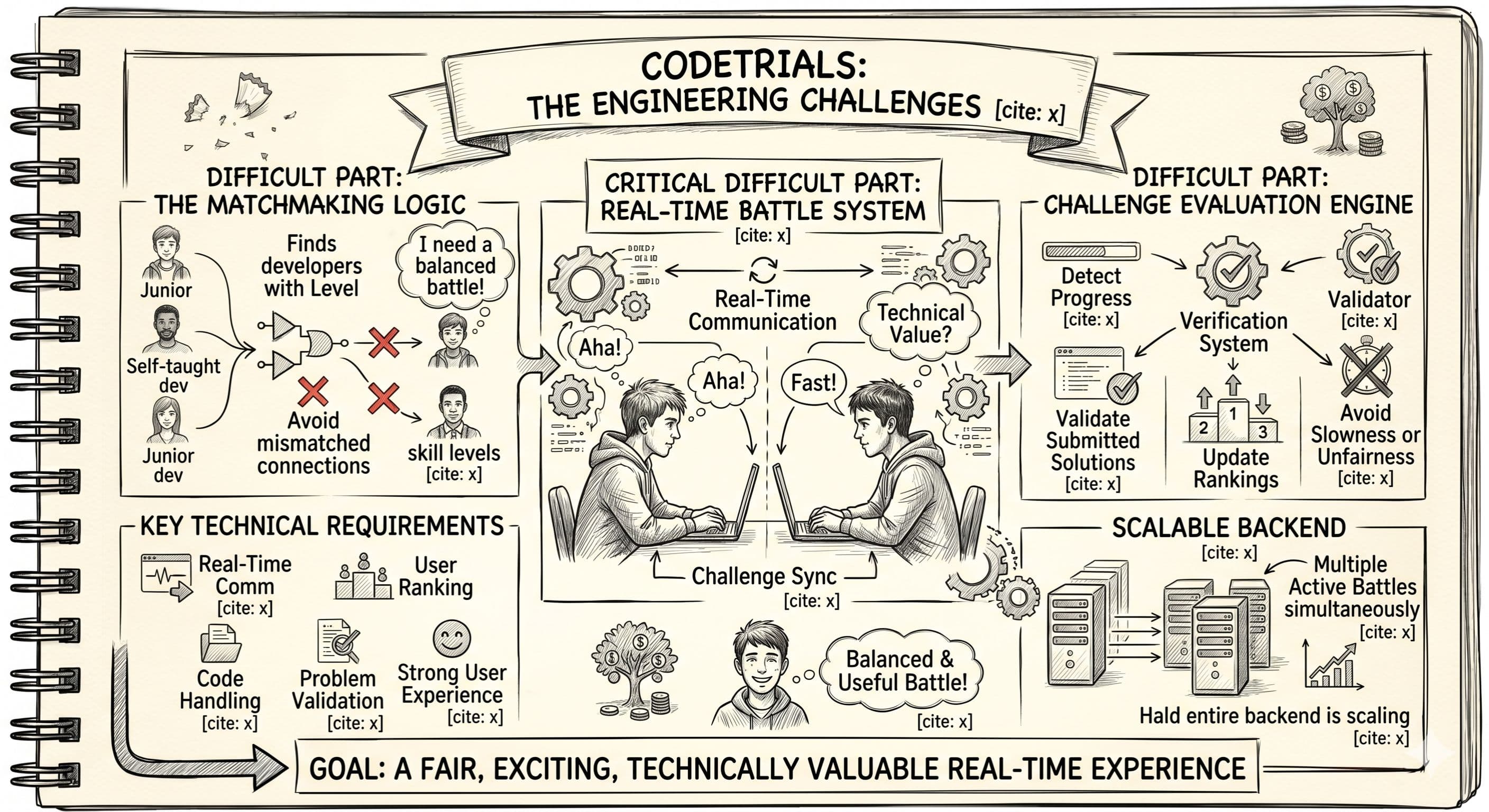A sketch-style infographic detailing the engineering challenges of building CodeTrials. It illustrates three main technical hurdles: the matchmaking logic to pair developers of similar skill levels, the real-time battle system showing two programmers competing with challenge synchronization, and the challenge evaluation engine for validating code and updating rankings. It also highlights the need for a scalable backend to handle multiple active battles simultaneously.