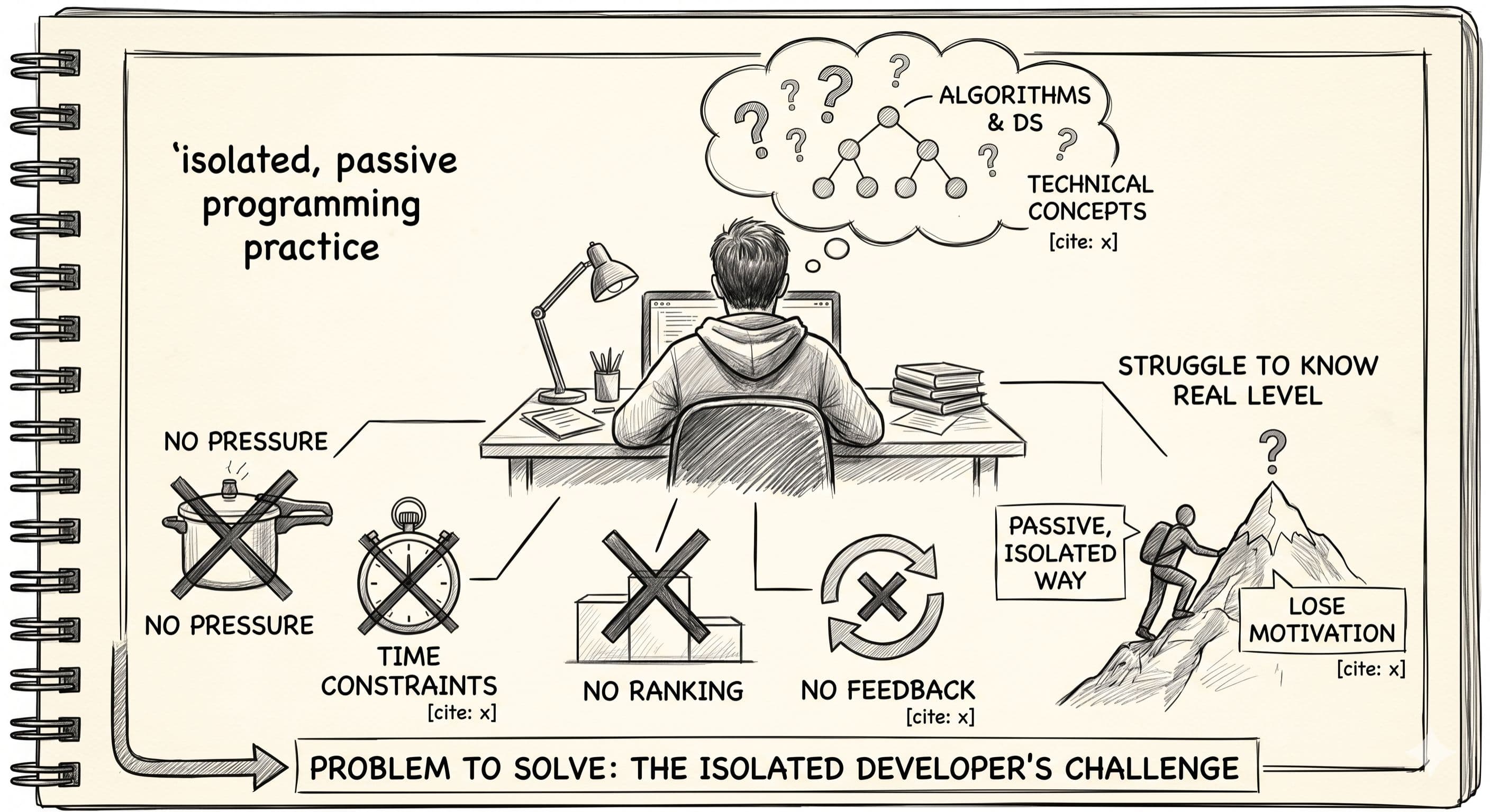 A sketch-style infographic illustrating the problem of isolated developer practice. It shows various developer profiles studying alone without time constraints, a frustrated programmer lacking performance measurements and feedback, and the negative consequences of this isolation, such as lost motivation, repeating simple problems, and fear of technical interviews.