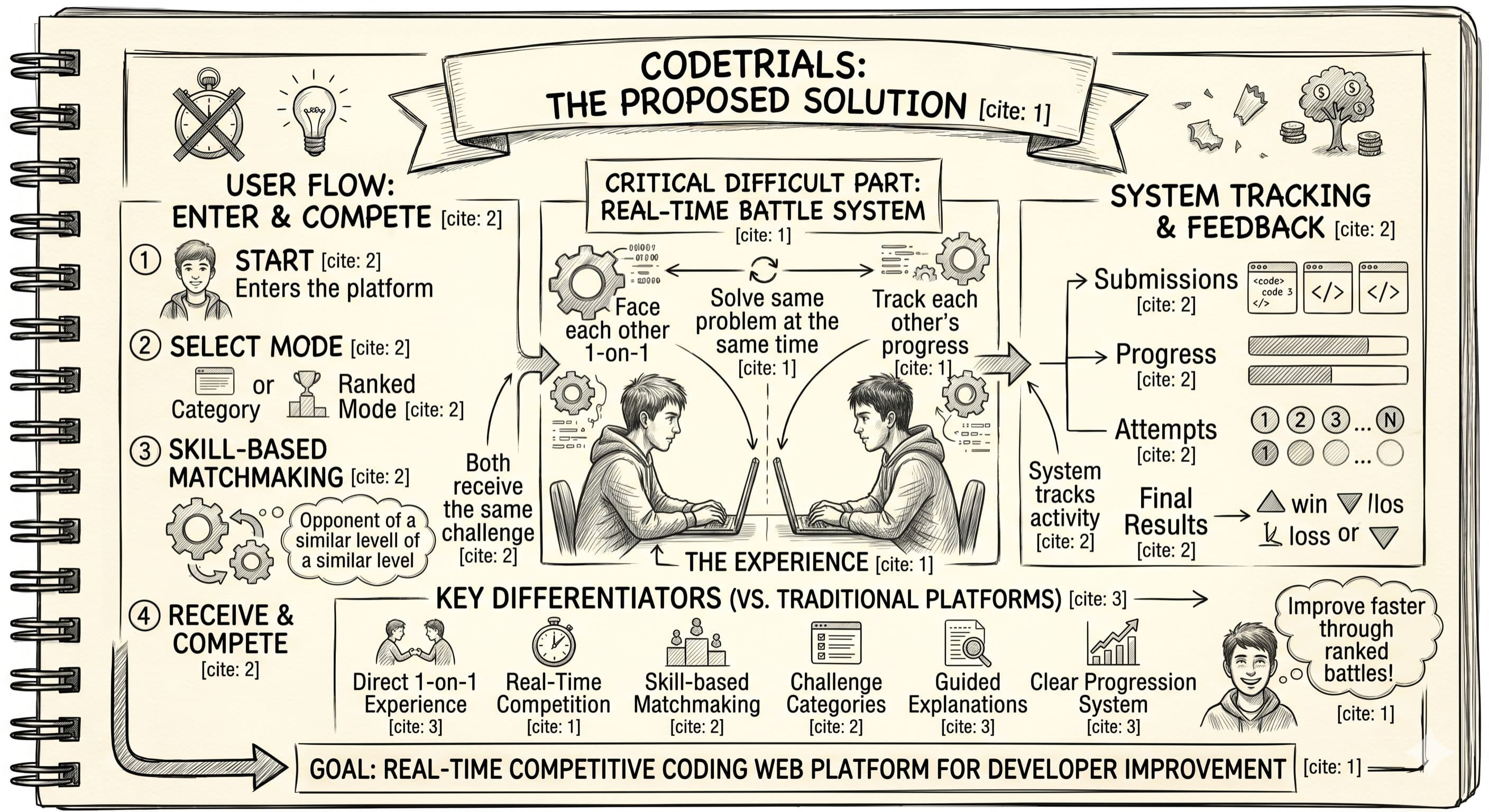 A sketch-style infographic illustrating the proposed solution for CodeTrials. It outlines the user flow from entering the platform to skill-based matchmaking, features a central real-time battle system where two developers compete 1-on-1, and highlights system tracking for submissions alongside key differentiators like guided explanations and a clear progression system.