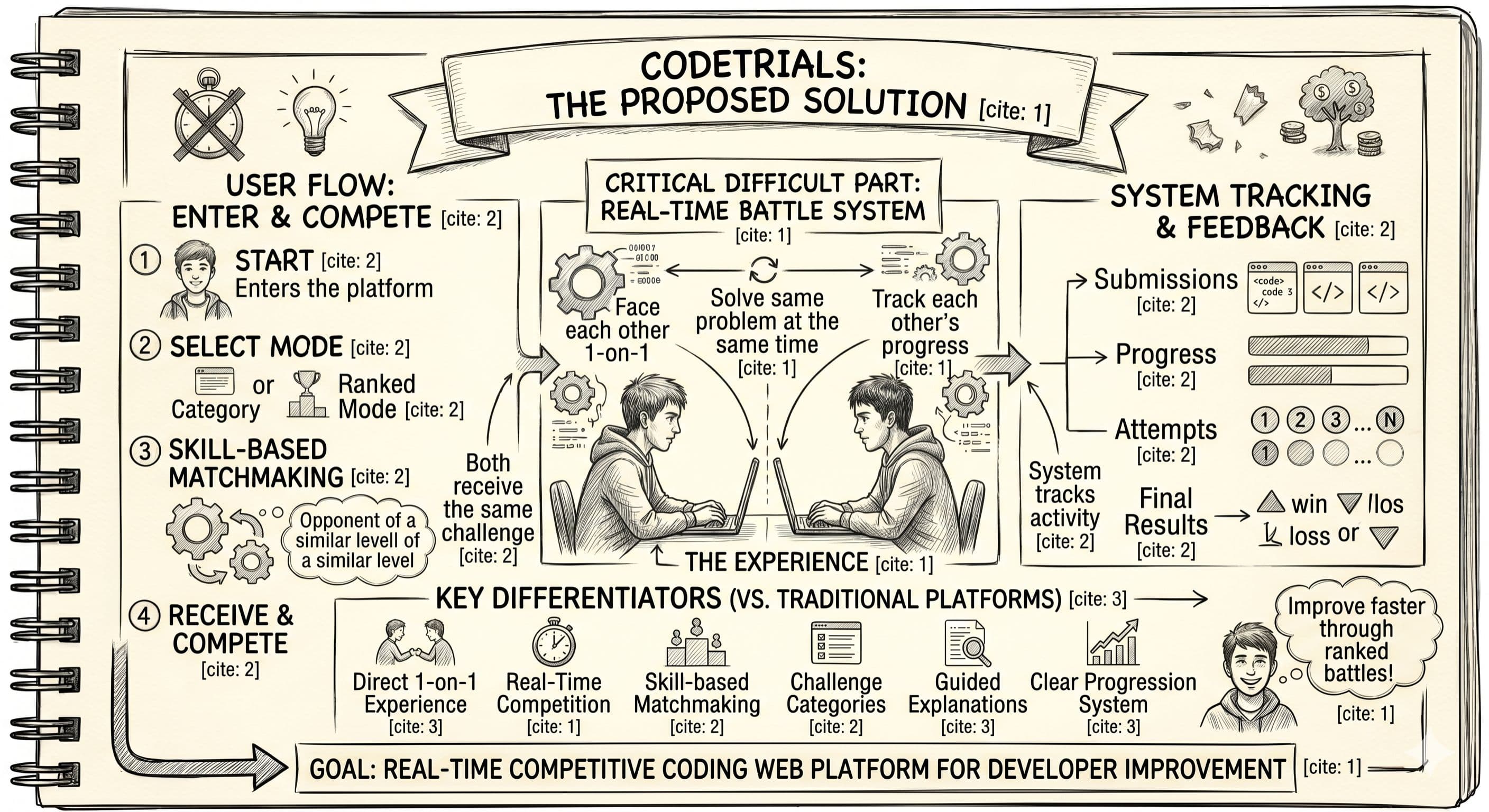 A sketch-style infographic illustrating the technology stack for CodeTrials. It breaks down the architecture into system components like a real-time battle engine and online judge, platform technologies including Next.js, Node.js, WebSockets, Redis, and Docker, and data storage using PostgreSQL. It also highlights a secure code execution service, optional AI support, and admin panel functions.
