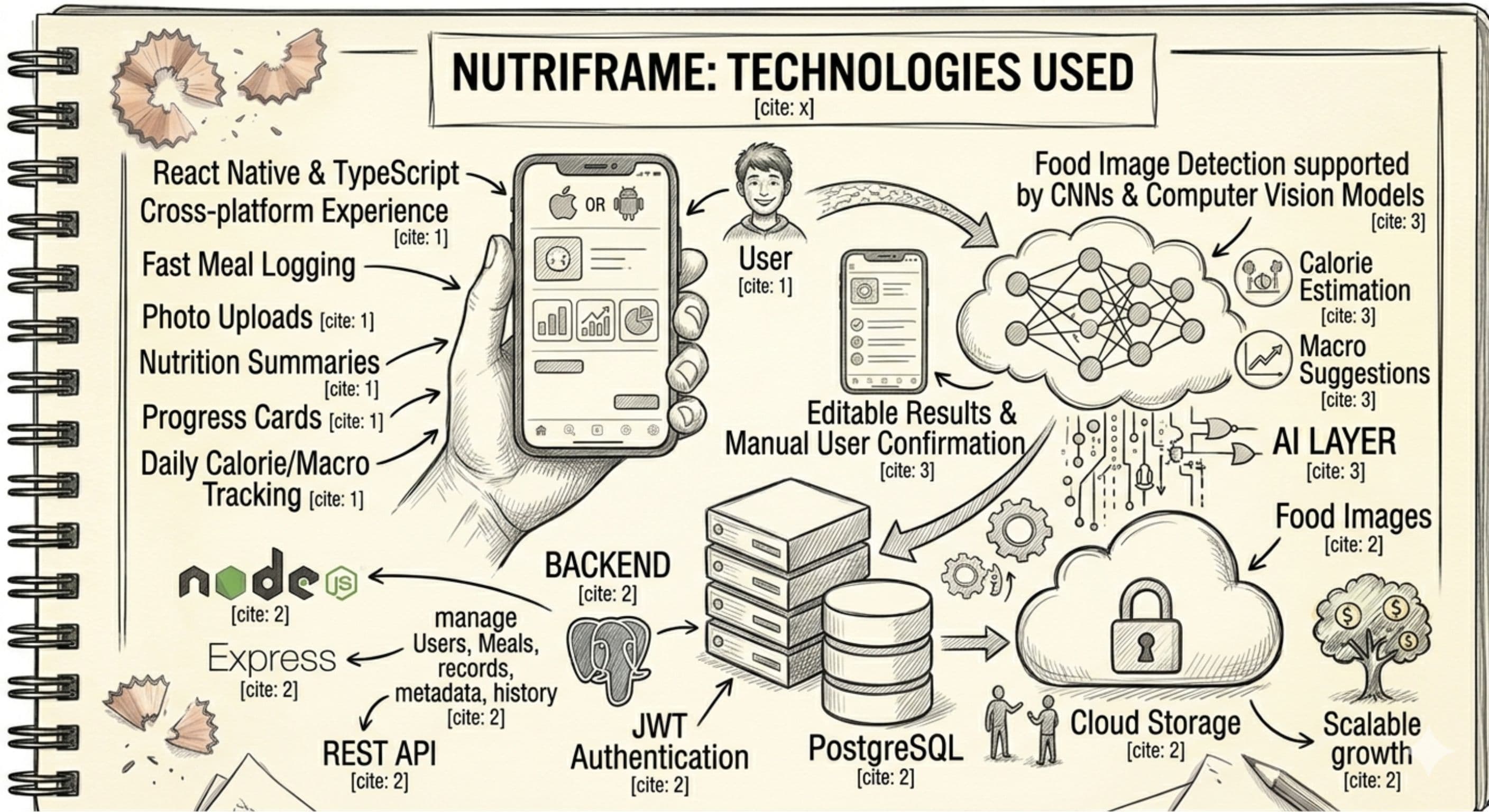 A sketch-style infographic displaying the technology stack for QuickPOS. It shows a mobile device representing a React Native app connecting directly to a WooCommerce store via the WooCommerce REST API to retrieve products, validate stock, and create orders. On the right, a license validation server is shown verifying client keys and protecting app usage to prepare for a future SaaS model.